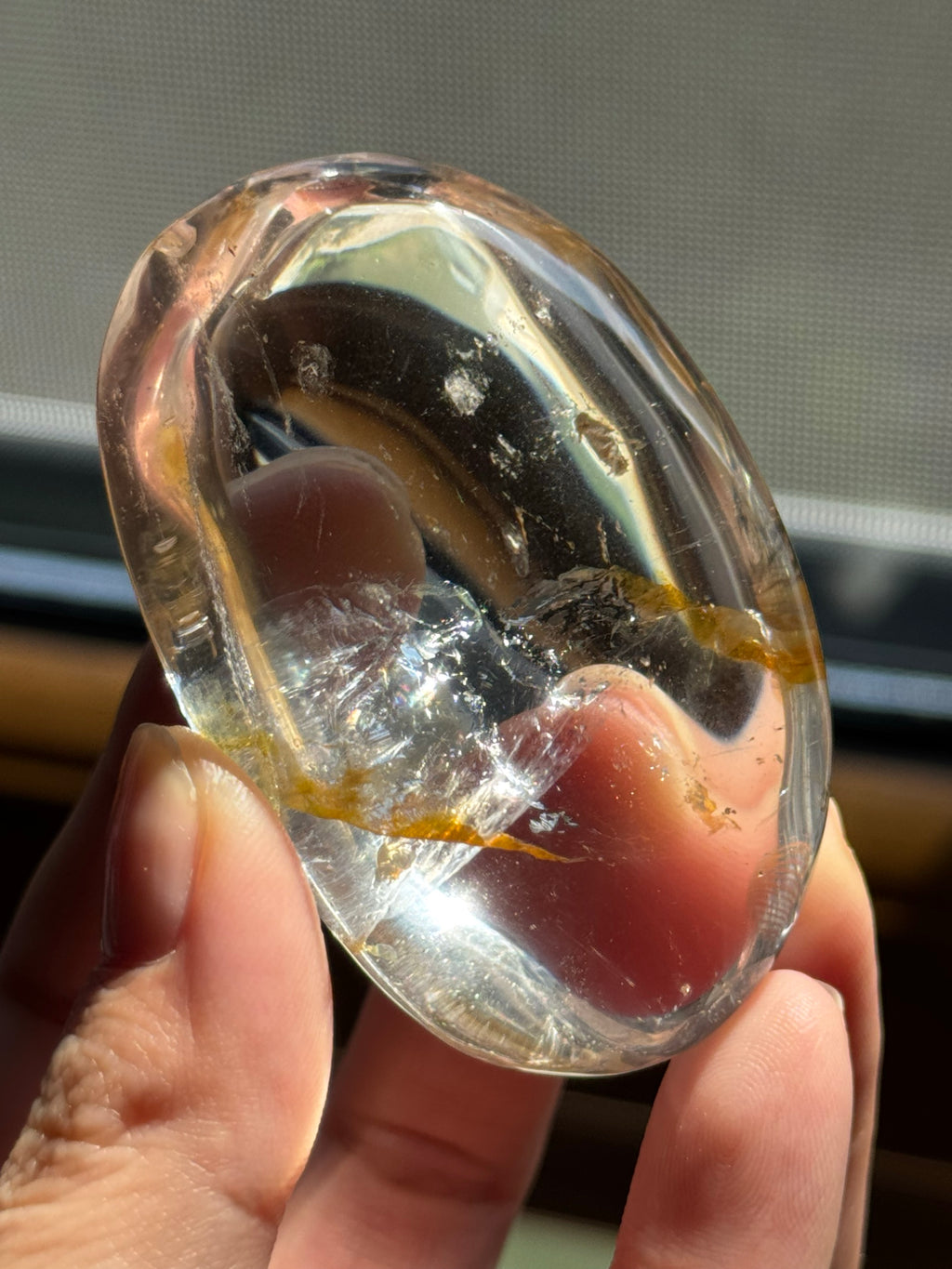 Polished Oval Clear Crystal Palm Stone with Golden Rutile Thread Inclusion, Smooth Handheld Pocket Mini Decor Specimen