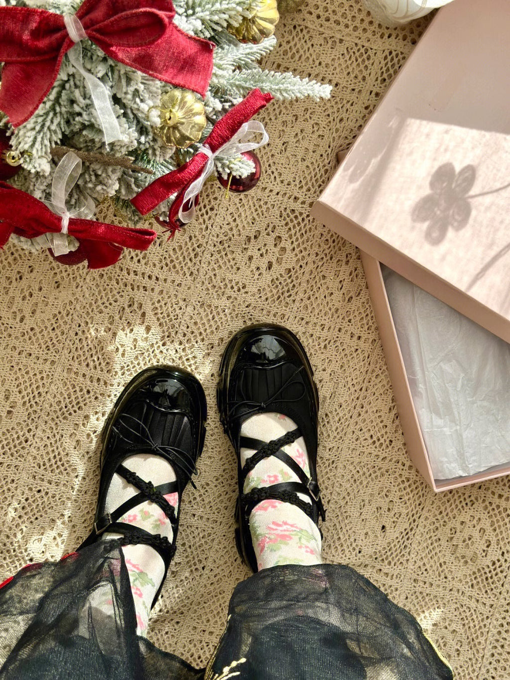 Black Chunky Platform Mary Jane Shoes, Beaded Crisscross Straps Bow Ballet Flats with Thick Sole, Gothic Coquette Footwear for Women