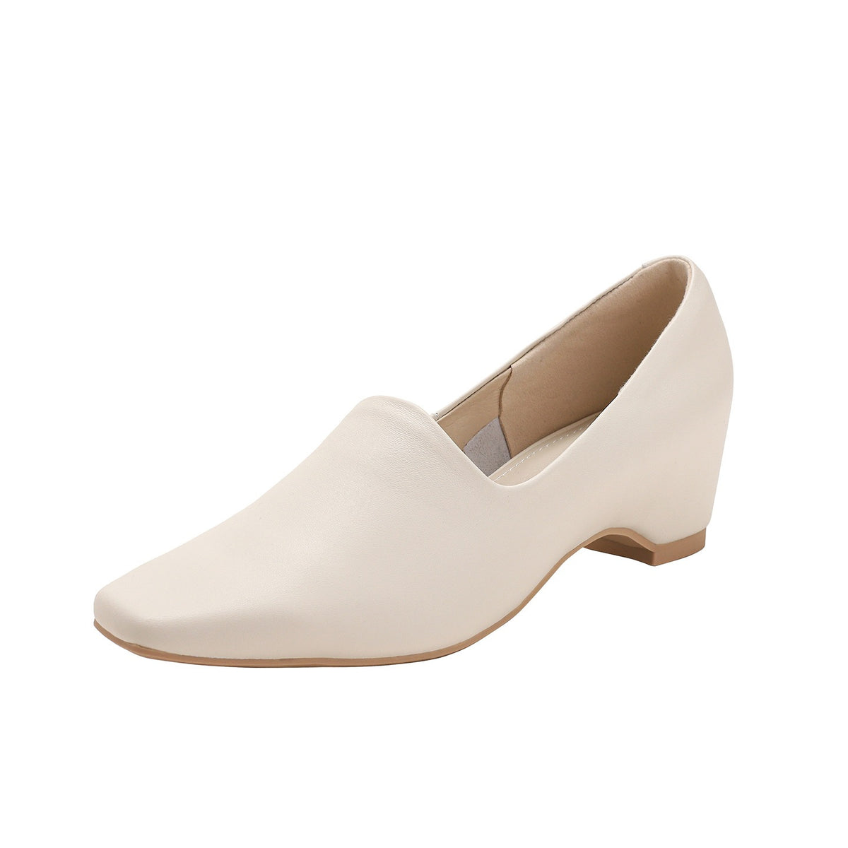 Square Toe V‑Cut Wedge Loafer Pumps, Soft Leather Slip‑On Low Wedge Heel Dress Shoes for Women