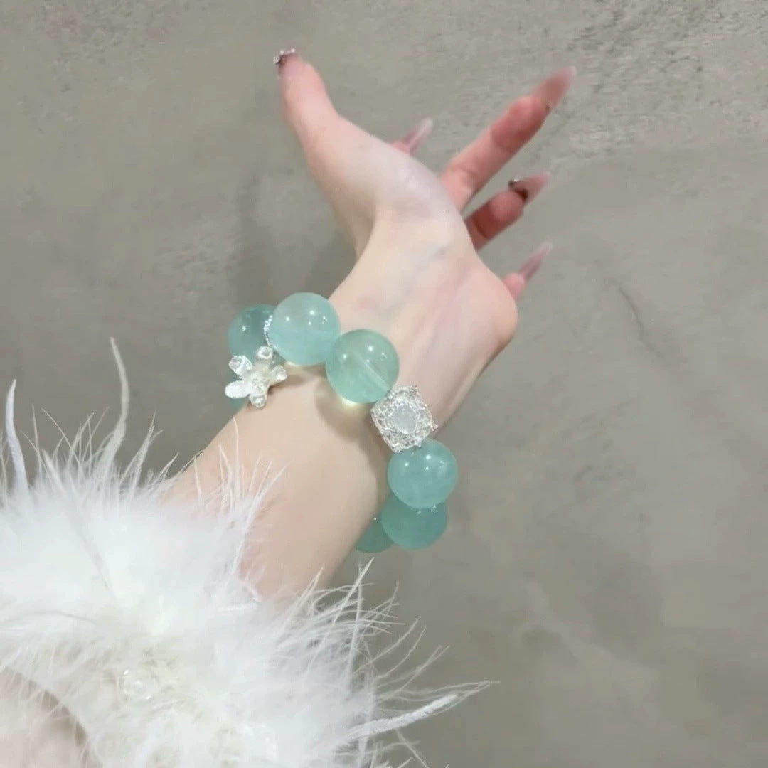 Mint Transparent Crystal Bead Stretch Bracelet, Vintage Silver Floral Wrist Adornment