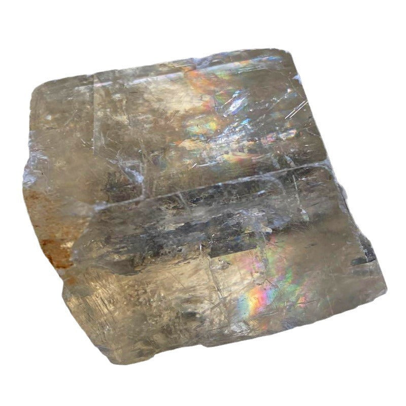 Clear Optical Calcite Rough Slab, Rainbow Flash Iceland Spar Crystal Block Home Decor Specimen