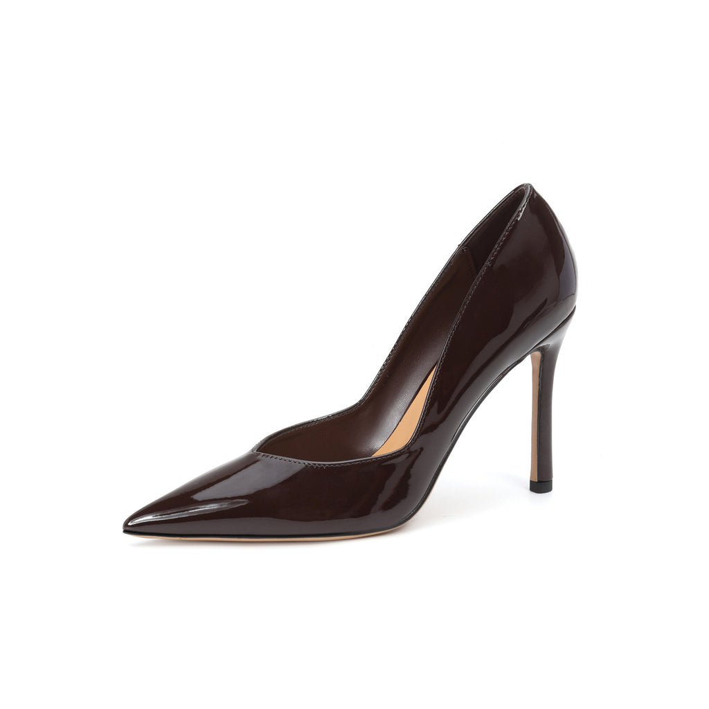 Women's Dark Brown Patent Pointed Toe Stiletto Pumps, V‑Cut Slip‑On High Heels, Elegant Office Party Dress Heels