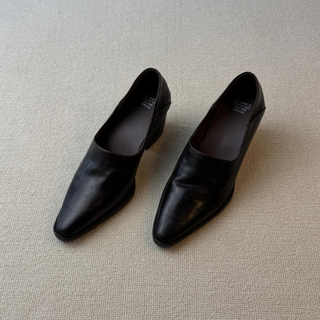 Women's Distressed Faux Leather Pointed Toe Block Heel Pumps, V-Cut Slip On Vintage Chunky Heel Dress Shoes, Black Dark Brown Retro Office Daily Pumps
