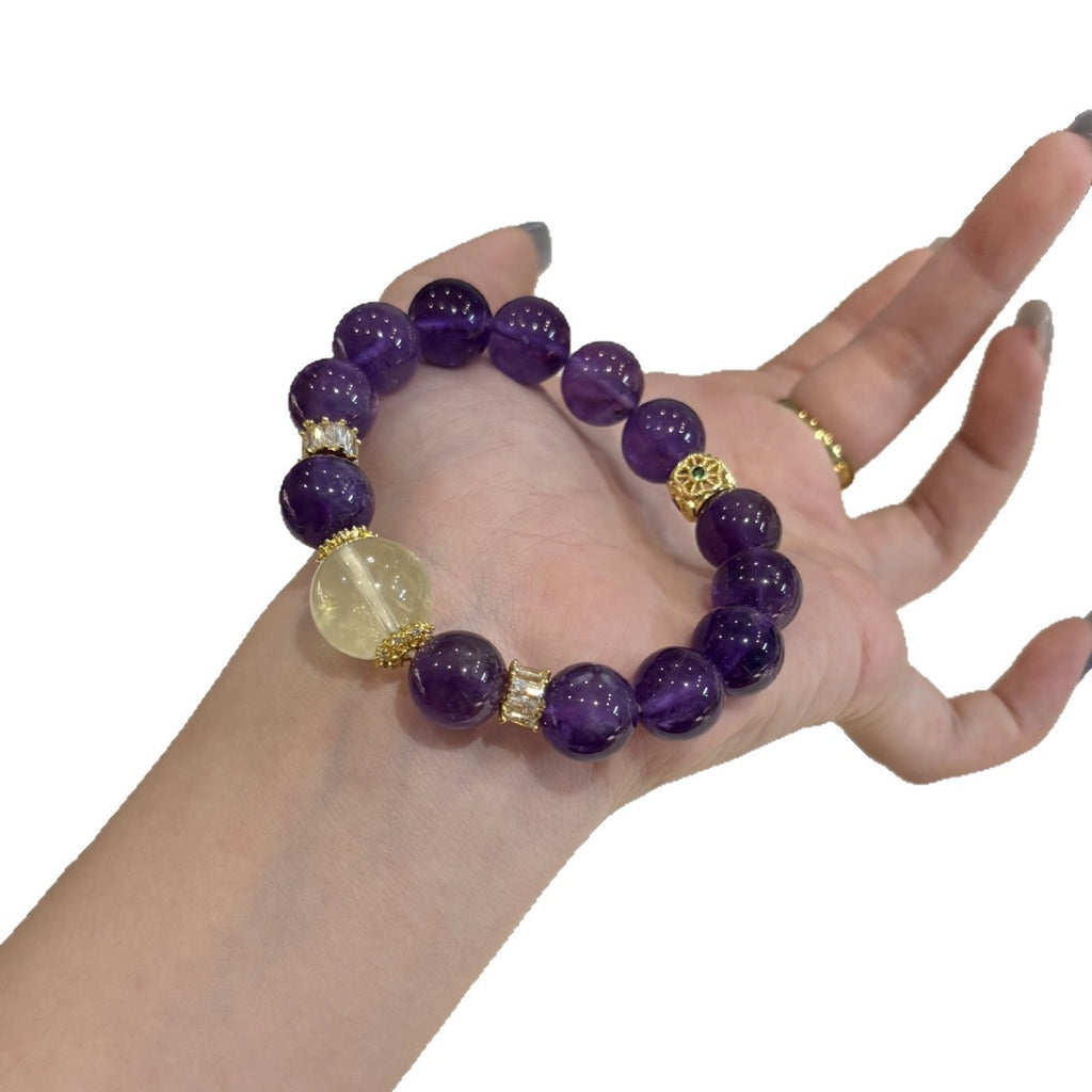 Deep Purple Round Bead Bracelet With Pale Yellow Bead & Gold‑Tone Decorative Spacers Women Elastic Beaded Bracelet