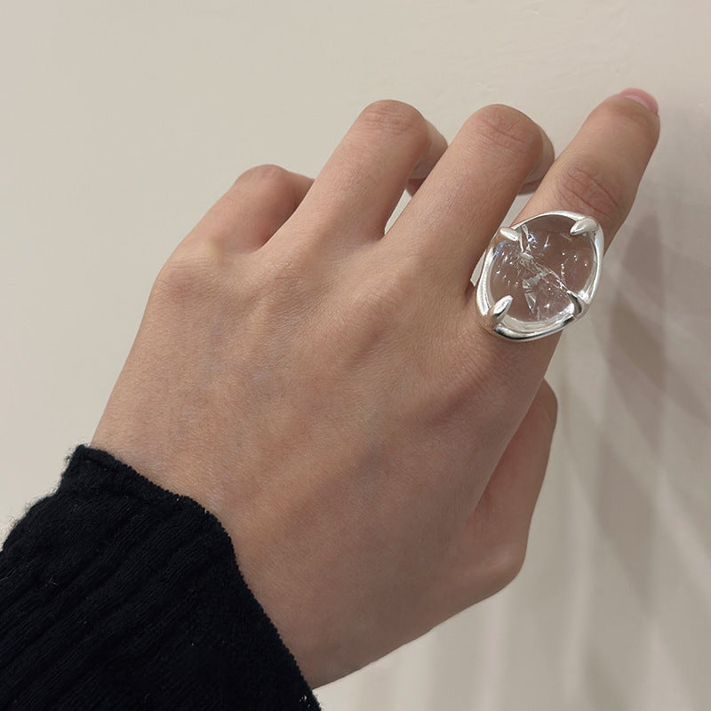 Irregular Oval Claw Set Stone Statement Ring, Silver Tone Open Band Chunky Crystal Ring for Women