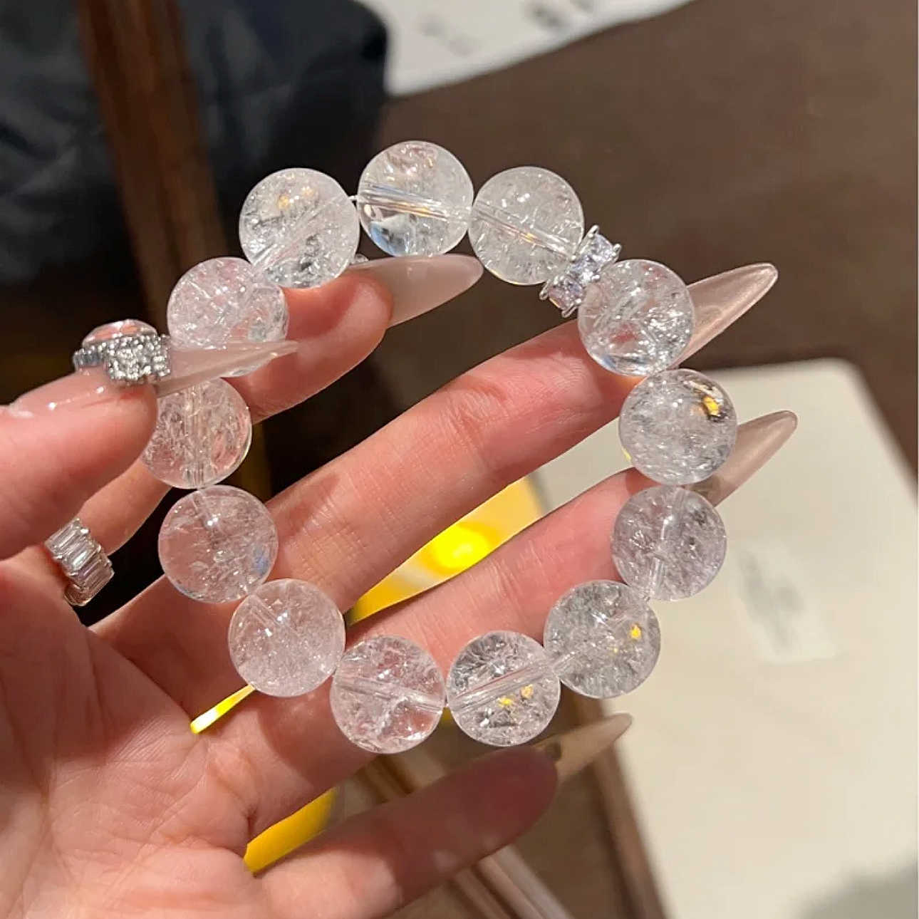 Clear Cracked Crystal Bead Stretch Bracelet, Minimal Transparent Wrist Adornment