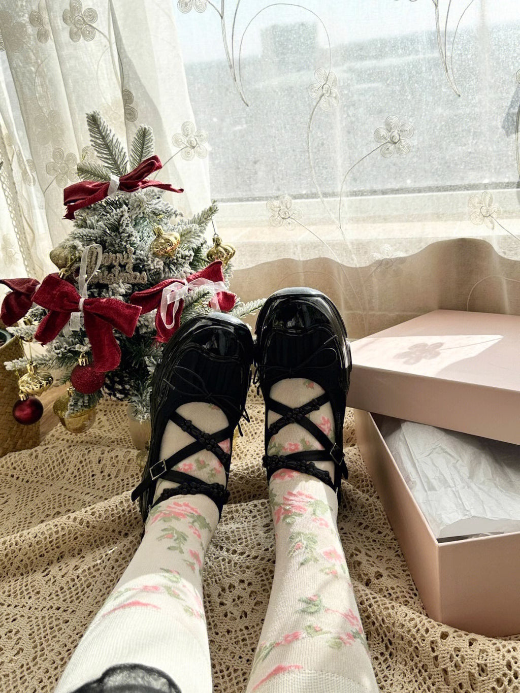 Black Chunky Platform Mary Jane Shoes, Beaded Crisscross Straps Bow Ballet Flats with Thick Sole, Gothic Coquette Footwear for Women