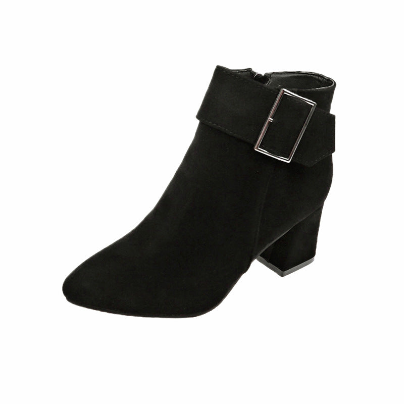 Women's Faux Suede Ankle Boots, Pointed Toe Block Heel Booties with Square Buckle, Side Zipper Chunky Heel Winter Dress Boots, Black Brown Gray Office Casual Footwear