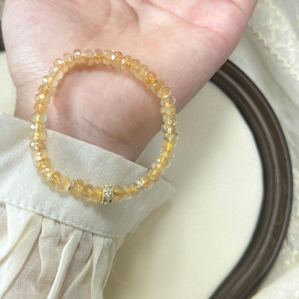 Faceted Wheel‑Cut Yellow Crystal Stretch Bracelet, Pave Crystal Spacer Bead Stackable Wrist Jewelry for Women
