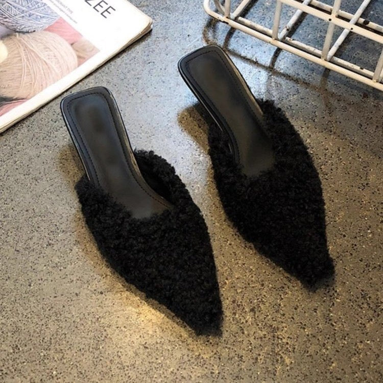 Women's Fuzzy Teddy Mules Slides, Pointed Toe Block Low Heel Backless Mules, Furry Slip‑On Slipper Heels, Fall Winter Dress Party Mules Black Cream Pink