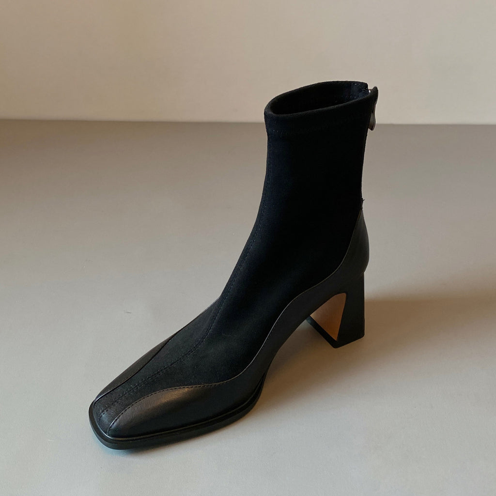 Women's Square Toe Patent Leather Spliced Ankle Boots, Stretch Sock Booties, Chunky Block Heel Back Zip Short Boots, Black Brown Elegant Fall Winter Boots