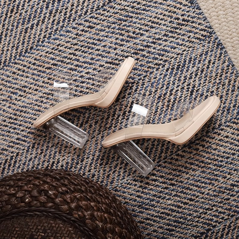 Women's Clear PVC Double‑Strap Platform Mule Sandals, Transparent Acrylic Chunky Block Heel Slides, Nude Square Toe High Heel Party Dress Shoes