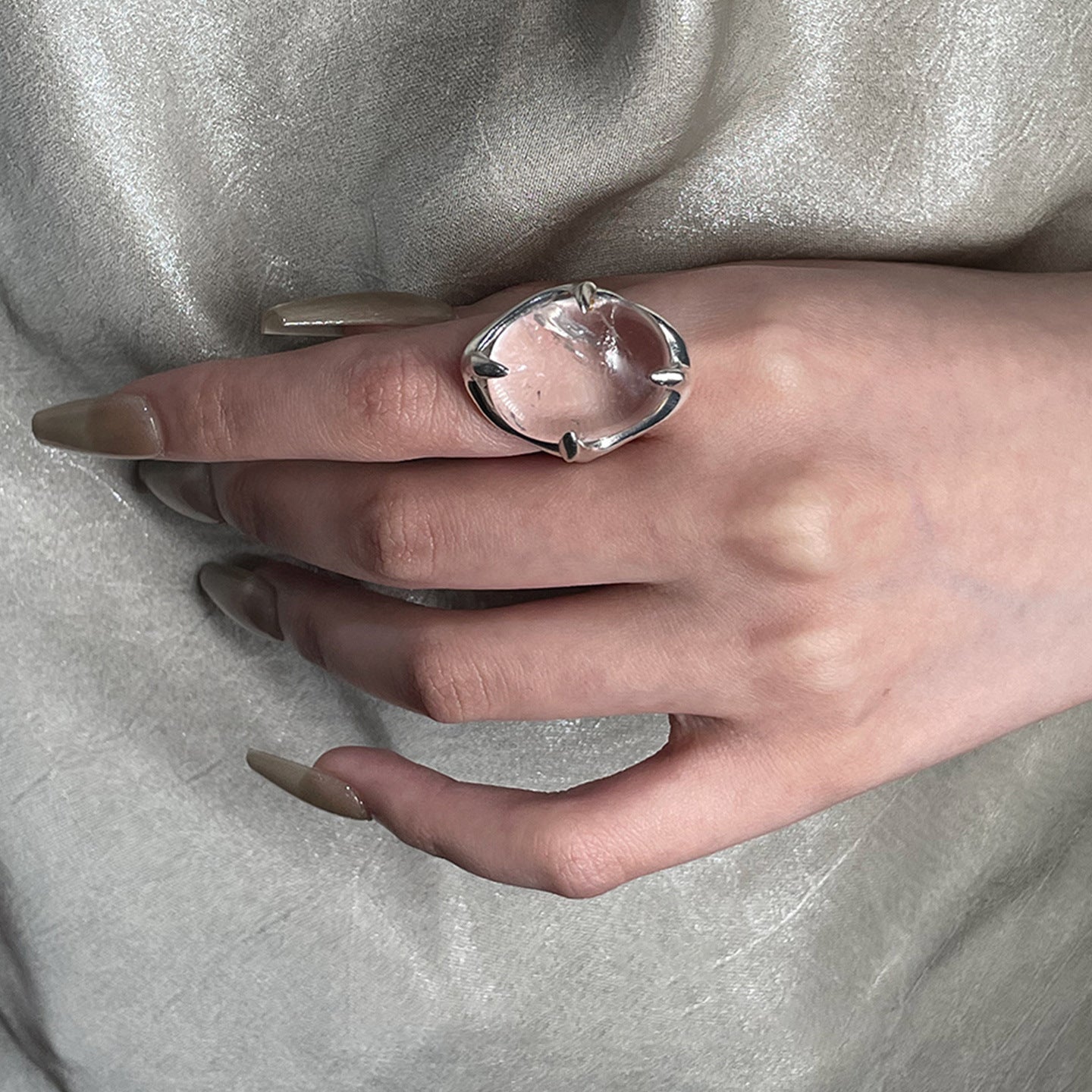 Irregular Oval Claw Set Stone Statement Ring, Silver Tone Open Band Chunky Crystal Ring for Women