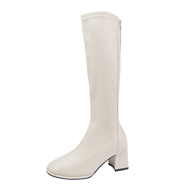Women's Faux Leather Square Toe Knee High Boots, Back Zipper Stretch Tall Block Heel Boots, Elegant Slim Fit Long Boots Fall Winter Footwear Black Off‑White