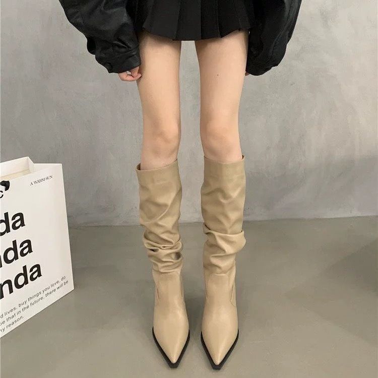 Women's Faux Leather Pointed Toe Knee High Boots, Slouchy Stiletto Heel Tall Boots, Pull On Chunky Thin Heel Dress Boots, Black Off White Khaki Fall Winter Footwear
