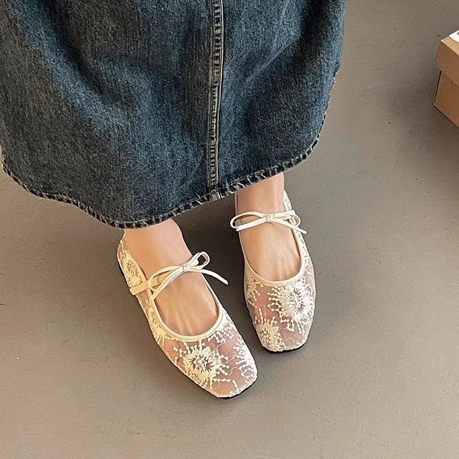 Lace Mesh Embroidered Bow Mary Jane Ballet Flats, Square Toe Strappy Flat Shoes, Elegant Breathable Slip‑On Dress Shoes for Women