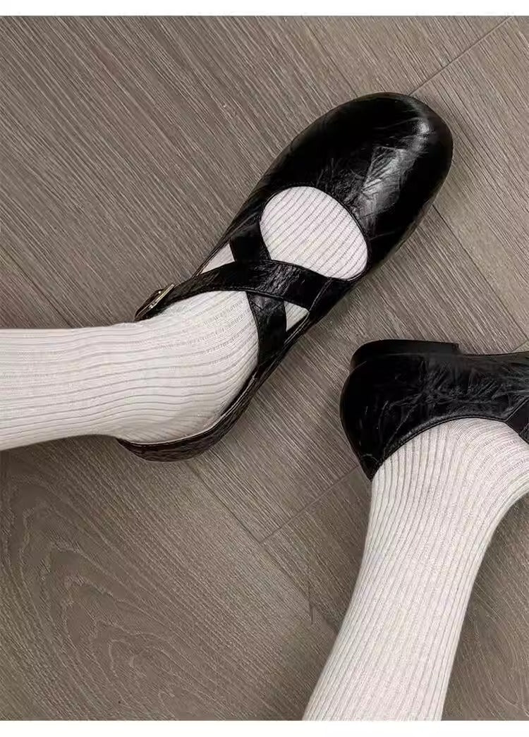 Crinkled Faux Leather Cross‑Strap Mary Jane Flats, Round Toe Buckle Ballet Flat Shoes, Vintage Casual Flat Shoes for Women