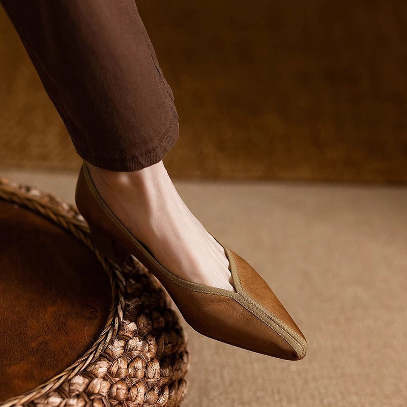 Brown Pointed Toe V-Cut Low Block Heel Pumps, Casual Synthetic Leather Slip-On Dress Shoes, Elegant Low Heel Office Daily Pumps for Women