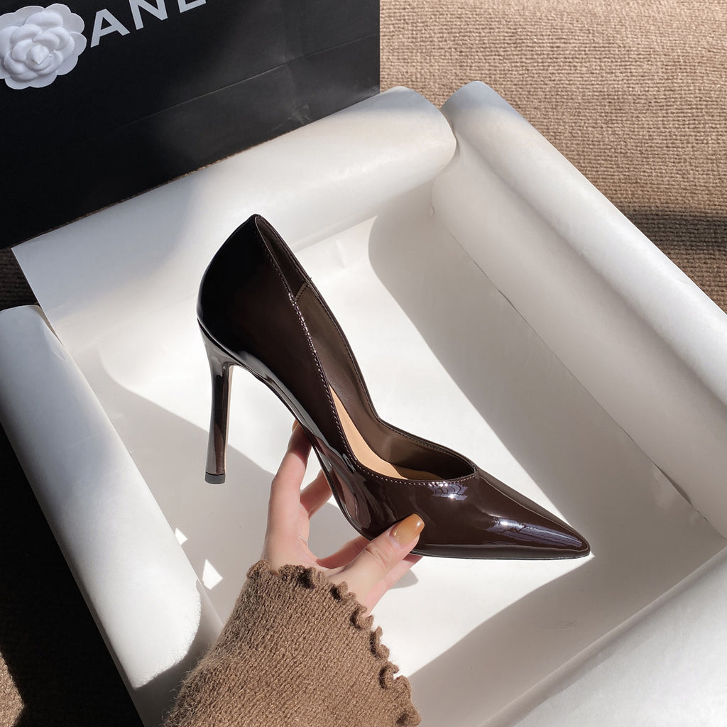 Women's Dark Brown Patent Pointed Toe Stiletto Pumps, V‑Cut Slip‑On High Heels, Elegant Office Party Dress Heels