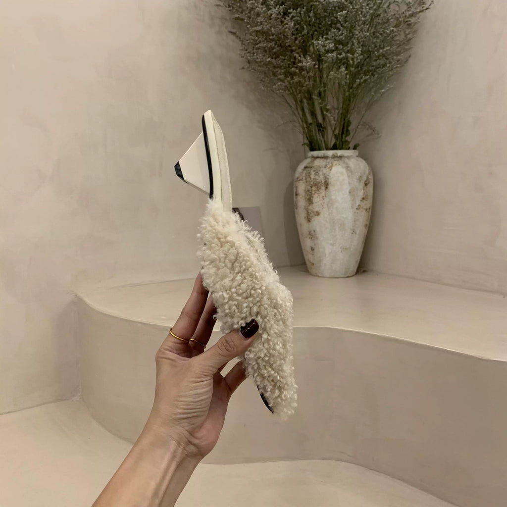Women's Fuzzy Teddy Mules Slides, Pointed Toe Block Low Heel Backless Mules, Furry Slip‑On Slipper Heels, Fall Winter Dress Party Mules Black Cream Pink