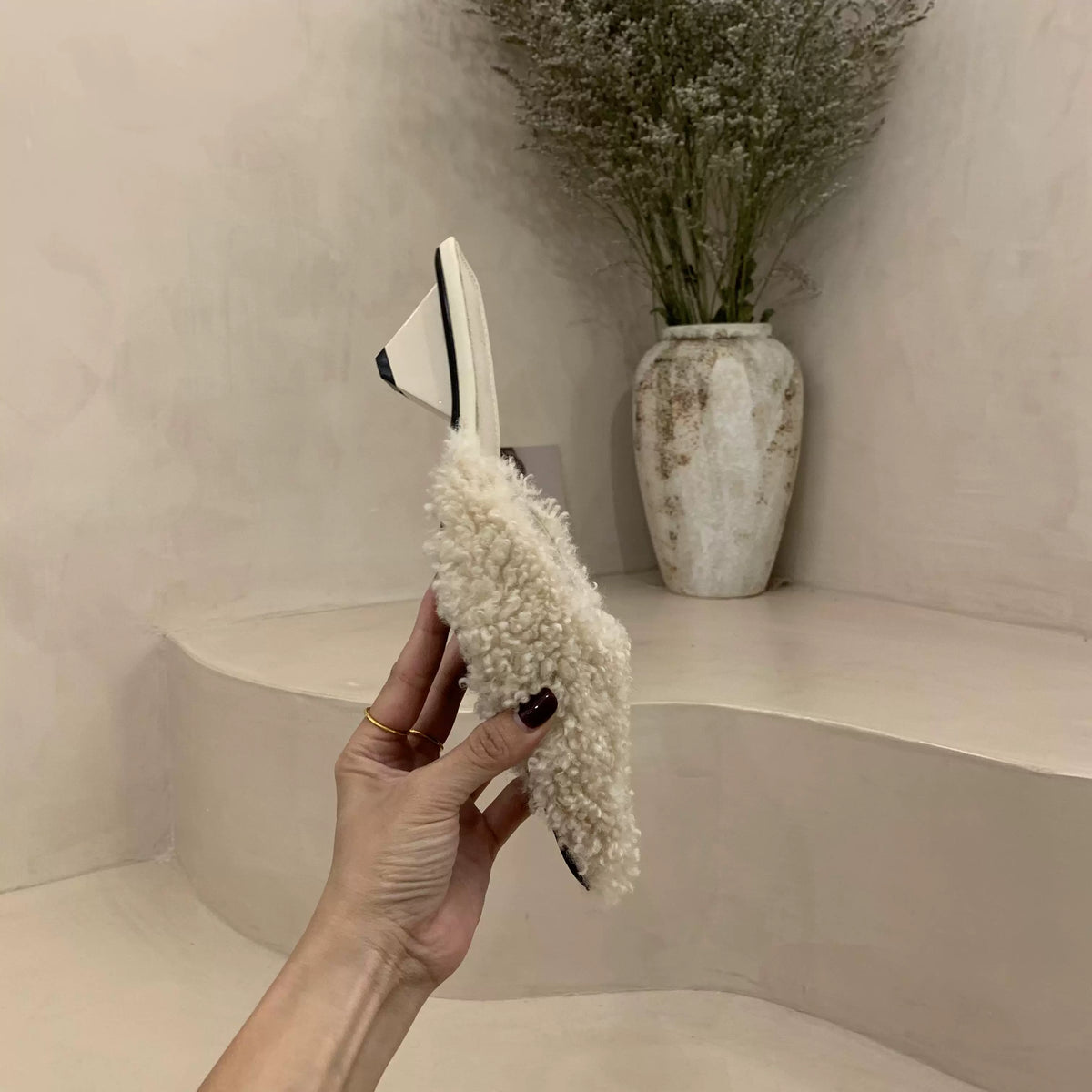 Women's Fuzzy Teddy Mules Slides, Pointed Toe Block Low Heel Backless Mules, Furry Slip‑On Slipper Heels, Fall Winter Dress Party Mules Black Cream Pink