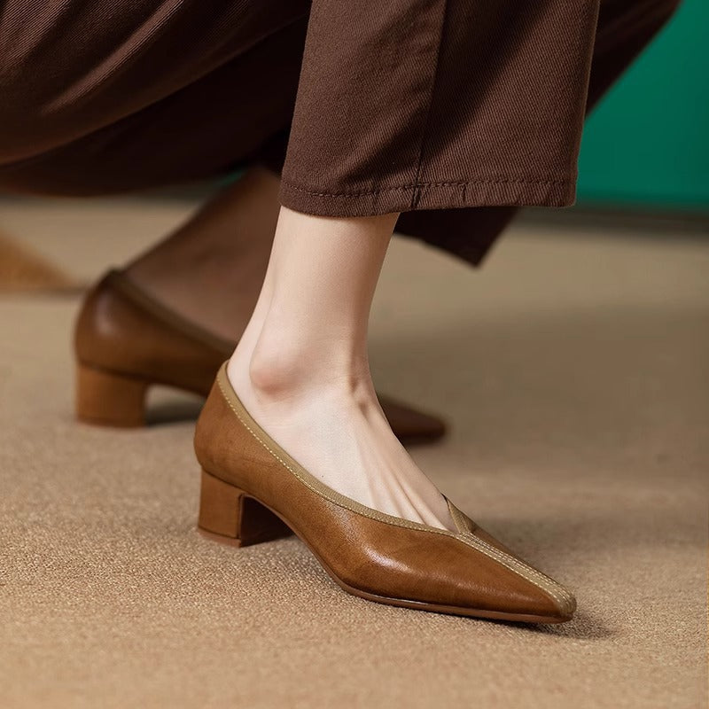 Brown Pointed Toe V-Cut Low Block Heel Pumps, Casual Synthetic Leather Slip-On Dress Shoes, Elegant Low Heel Office Daily Pumps for Women