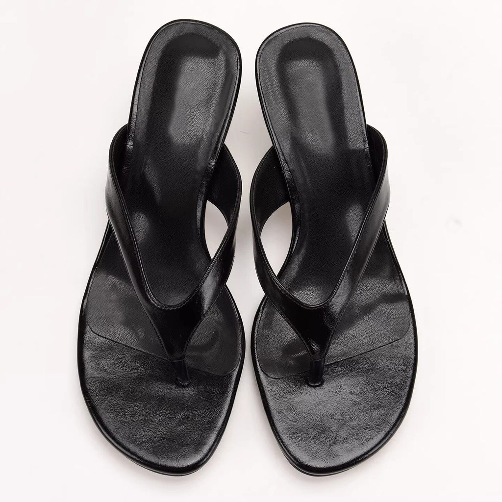 Women's Square Toe Thong Kitten Heel Mule Sandals, Slip‑On Flip Flop Mid Heel Dress Slippers, Red Black Brown Minimalist Evening Heels for Ladies