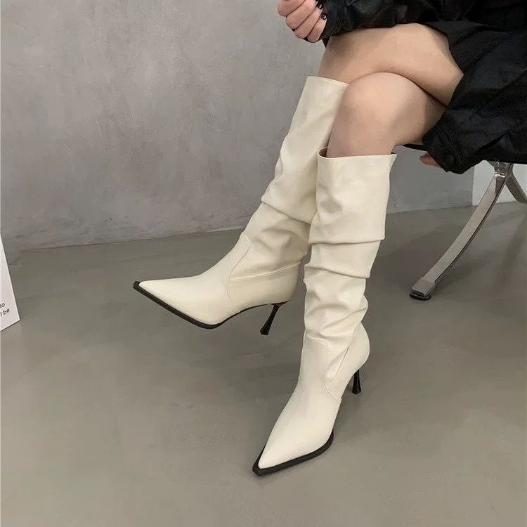 Women's Faux Leather Pointed Toe Knee High Boots, Slouchy Stiletto Heel Tall Boots, Pull On Chunky Thin Heel Dress Boots, Black Off White Khaki Fall Winter Footwear