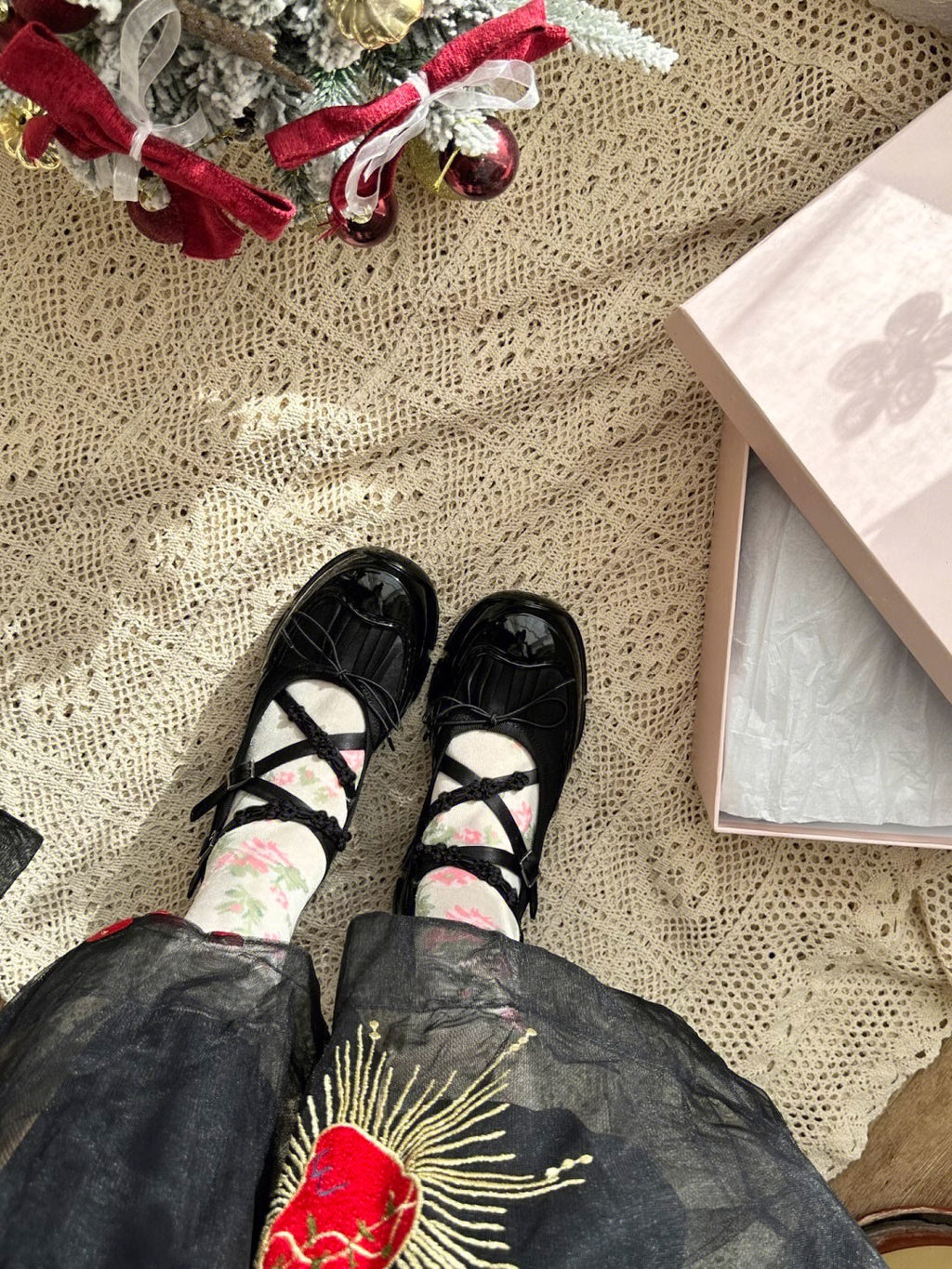 Black Chunky Platform Mary Jane Shoes, Beaded Crisscross Straps Bow Ballet Flats with Thick Sole, Gothic Coquette Footwear for Women