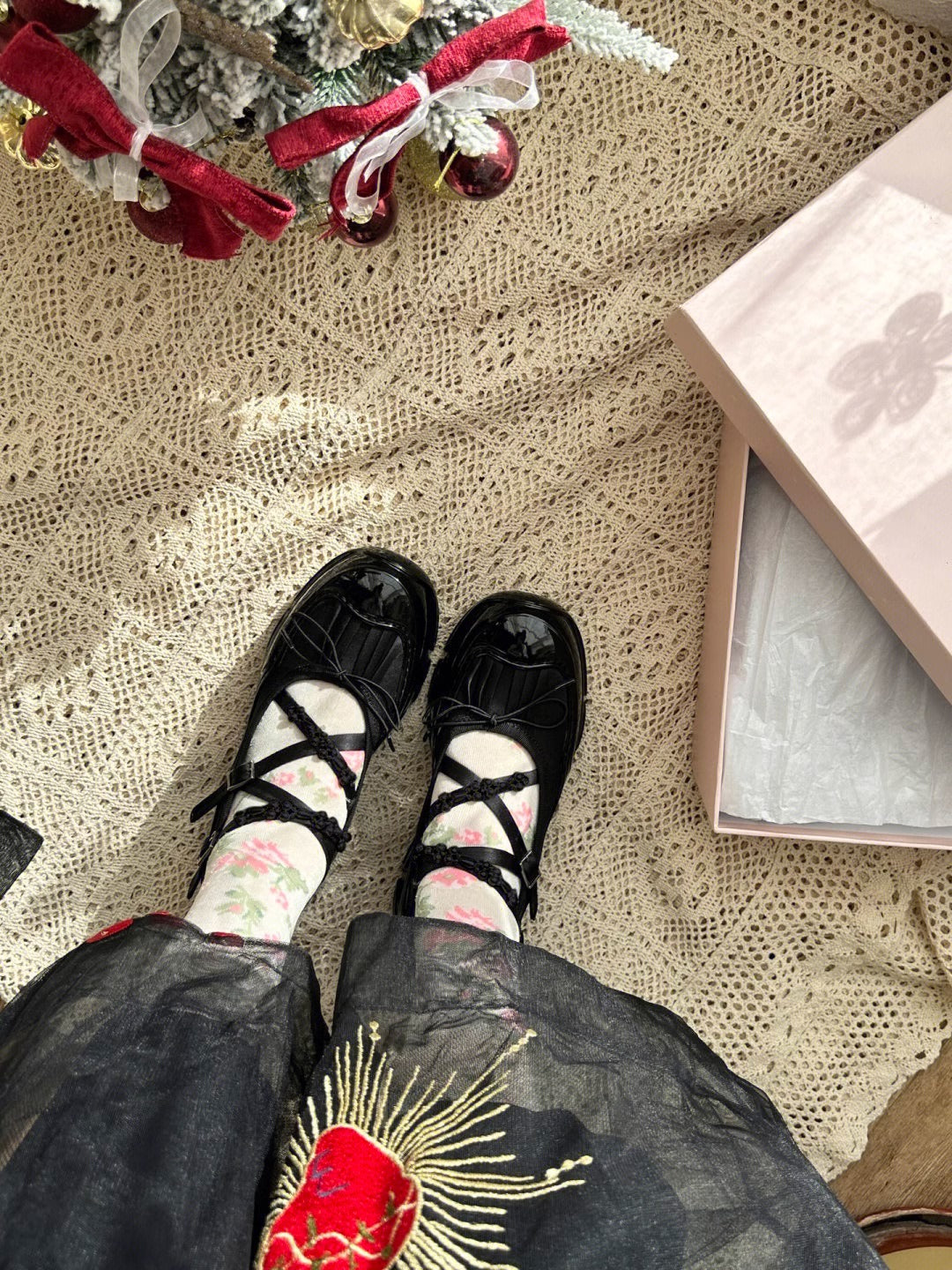 Black Chunky Platform Mary Jane Shoes, Beaded Crisscross Straps Bow Ballet Flats with Thick Sole, Gothic Coquette Footwear for Women