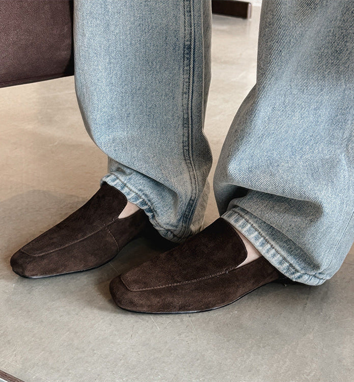 Women's Square Toe Soft Loafers, Back Elastic Slip‑On Flat Shoes, Faux Suede & Leather Casual Vintage Loafer Flats, Black Brown Daily Office Shoes