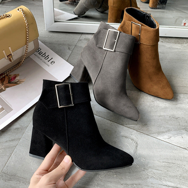 Women's Faux Suede Ankle Boots, Pointed Toe Block Heel Booties with Square Buckle, Side Zipper Chunky Heel Winter Dress Boots, Black Brown Gray Office Casual Footwear