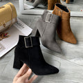 Women's Faux Suede Ankle Boots, Pointed Toe Block Heel Booties with Square Buckle, Side Zipper Chunky Heel Winter Dress Boots, Black Brown Gray Office Casual Footwear
