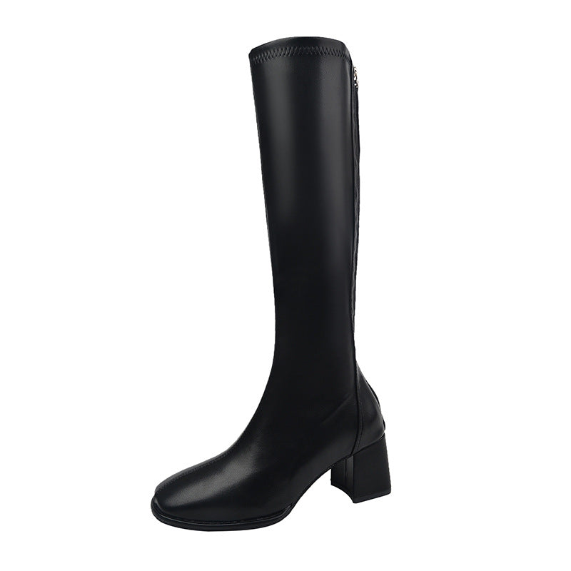 Women's Faux Leather Square Toe Knee High Boots, Back Zipper Stretch Tall Block Heel Boots, Elegant Slim Fit Long Boots Fall Winter Footwear Black Off‑White