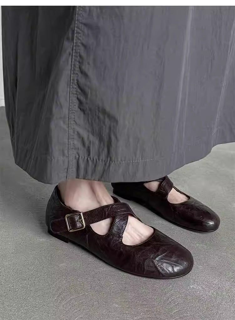 Crinkled Faux Leather Cross‑Strap Mary Jane Flats, Round Toe Buckle Ballet Flat Shoes, Vintage Casual Flat Shoes for Women