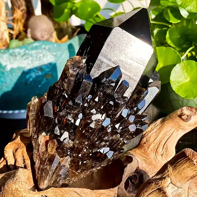 Smoky Quartz Cluster Decor Specimen, Black Crystal Cluster, Removable Wooden Stand or Rock Base, Home Display Ornament