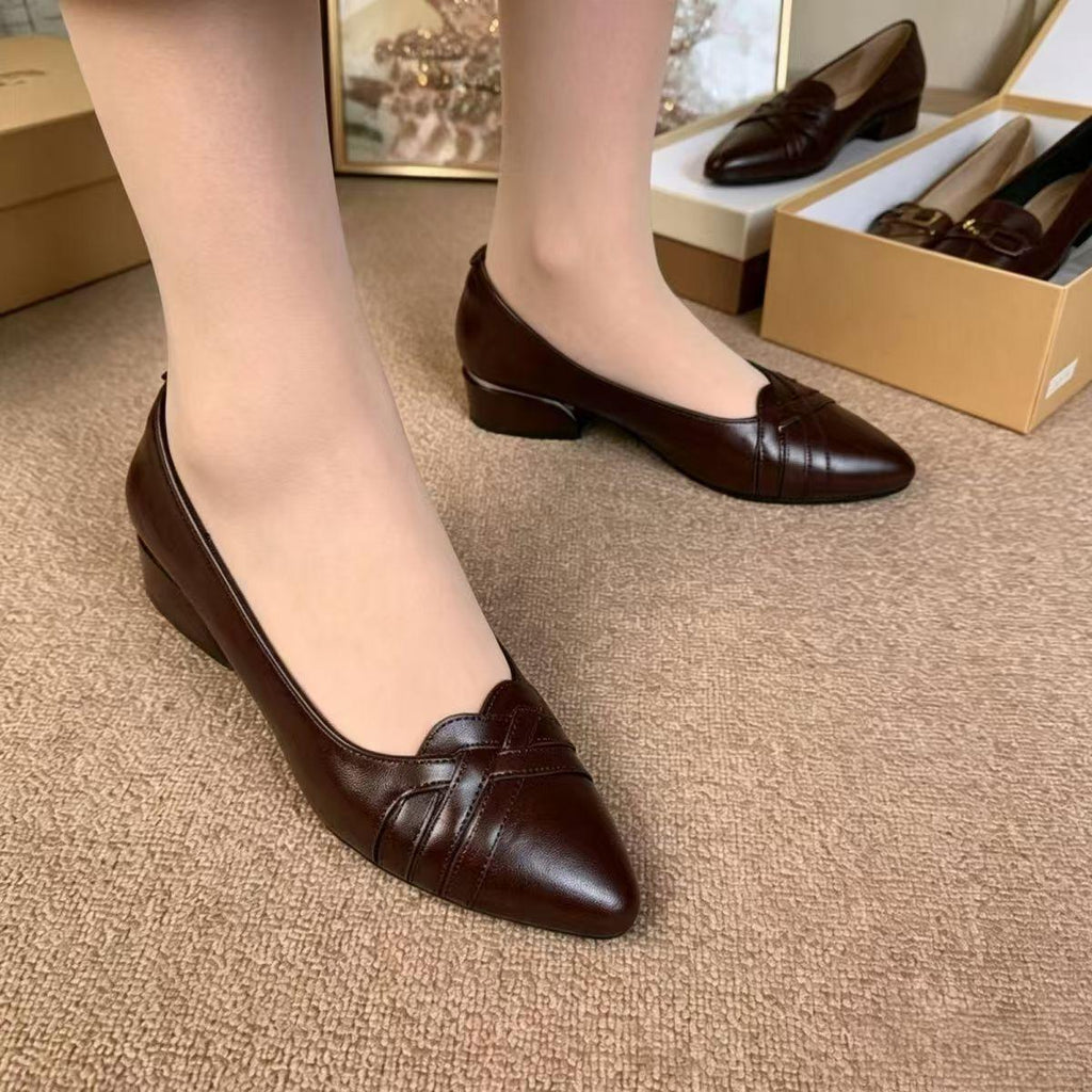 Women's Pointed Toe Block Heel Pumps, Woven Stitch Low Heel Dress Shoes, Comfort Office Work Flats for Ladies Black Beige Dark Brown