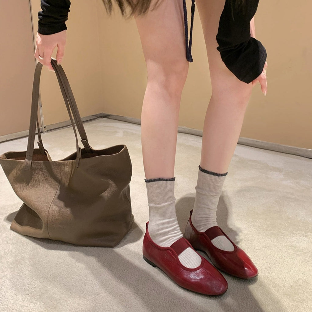 Burgundy Mary Jane Ballet Flats, Elastic Strap Round Toe Soft Leather Women Flat Shoes, Vintage Slip‑On Daily Dress Shoes