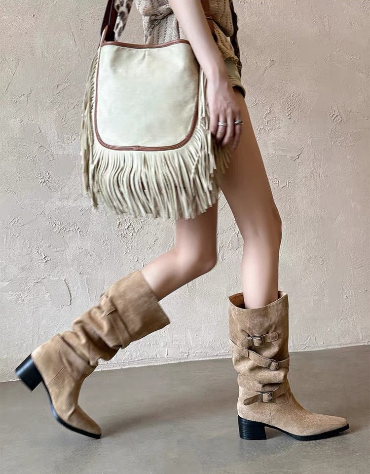 Women's Faux Suede Knee High Slouchy Boots, Multi Buckle Straps Pointed Toe Block Heel Western Boots, Pull On Chunky Heel Cowgirl Boots, Khaki Black Fall Winter Footwear