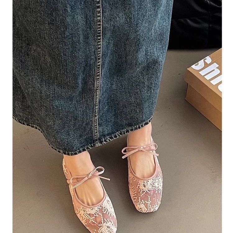 Lace Mesh Embroidered Bow Mary Jane Ballet Flats, Square Toe Strappy Flat Shoes, Elegant Breathable Slip‑On Dress Shoes for Women