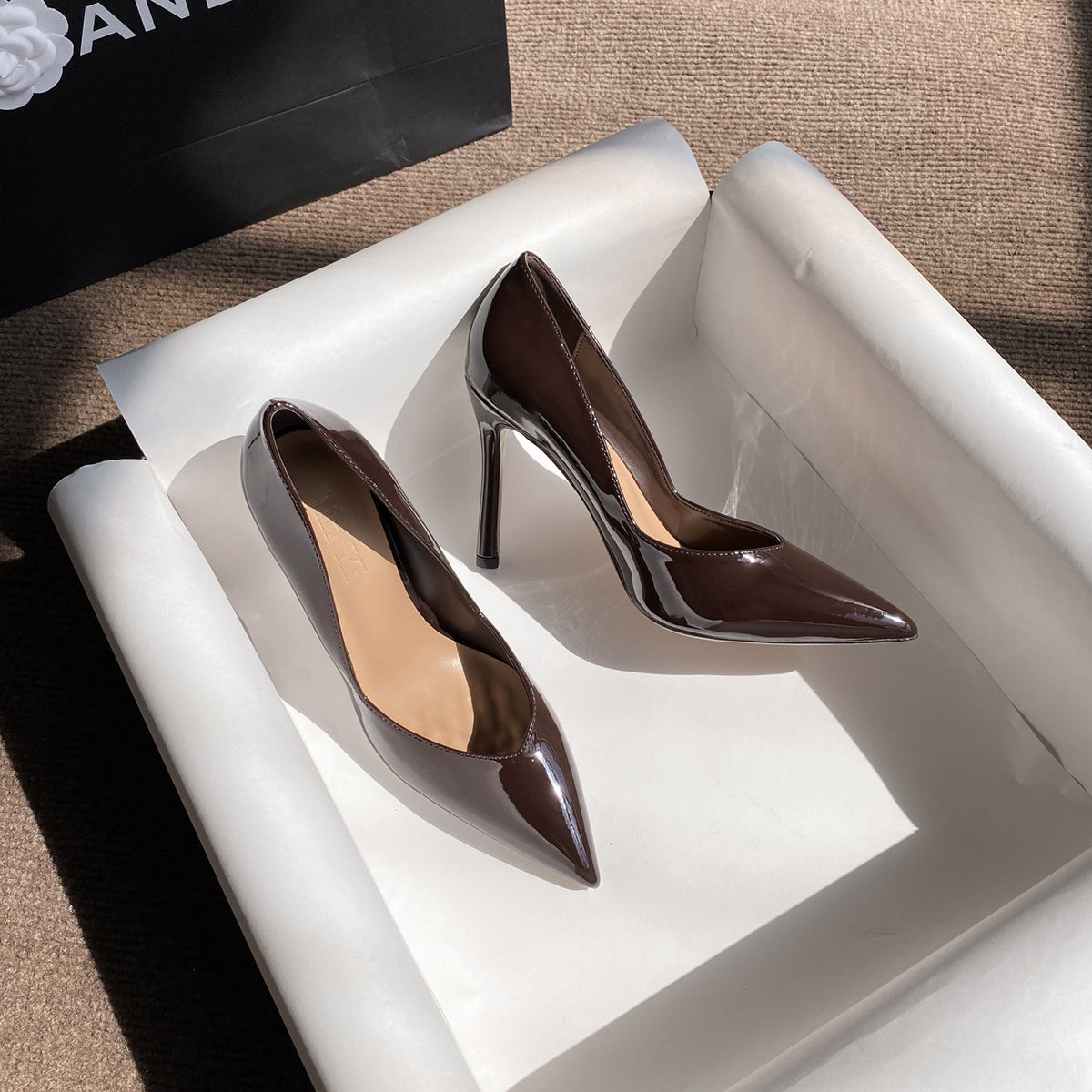 Women's Dark Brown Patent Pointed Toe Stiletto Pumps, V‑Cut Slip‑On High Heels, Elegant Office Party Dress Heels