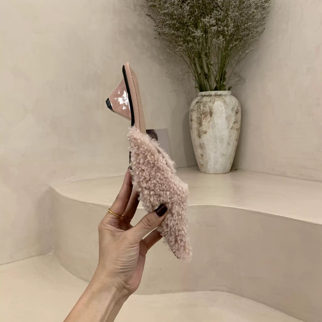 Women's Fuzzy Teddy Mules Slides, Pointed Toe Block Low Heel Backless Mules, Furry Slip‑On Slipper Heels, Fall Winter Dress Party Mules Black Cream Pink