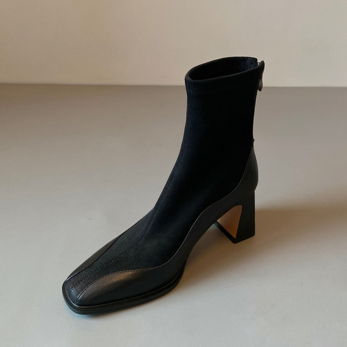 Women's Square Toe Patent Leather Spliced Ankle Boots, Stretch Sock Booties, Chunky Block Heel Back Zip Short Boots, Black Brown Elegant Fall Winter Boots