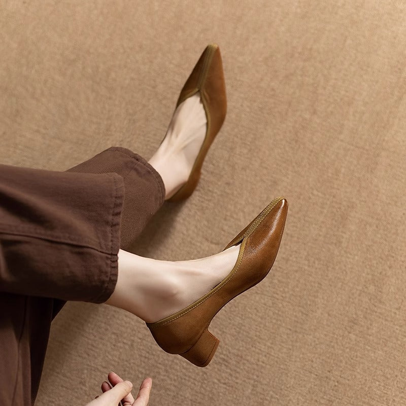 Brown Pointed Toe V-Cut Low Block Heel Pumps, Casual Synthetic Leather Slip-On Dress Shoes, Elegant Low Heel Office Daily Pumps for Women