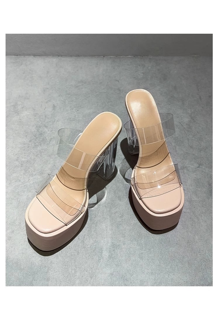 Women's Clear PVC Double‑Strap Platform Mule Sandals, Transparent Acrylic Chunky Block Heel Slides, Nude Square Toe High Heel Party Dress Shoes