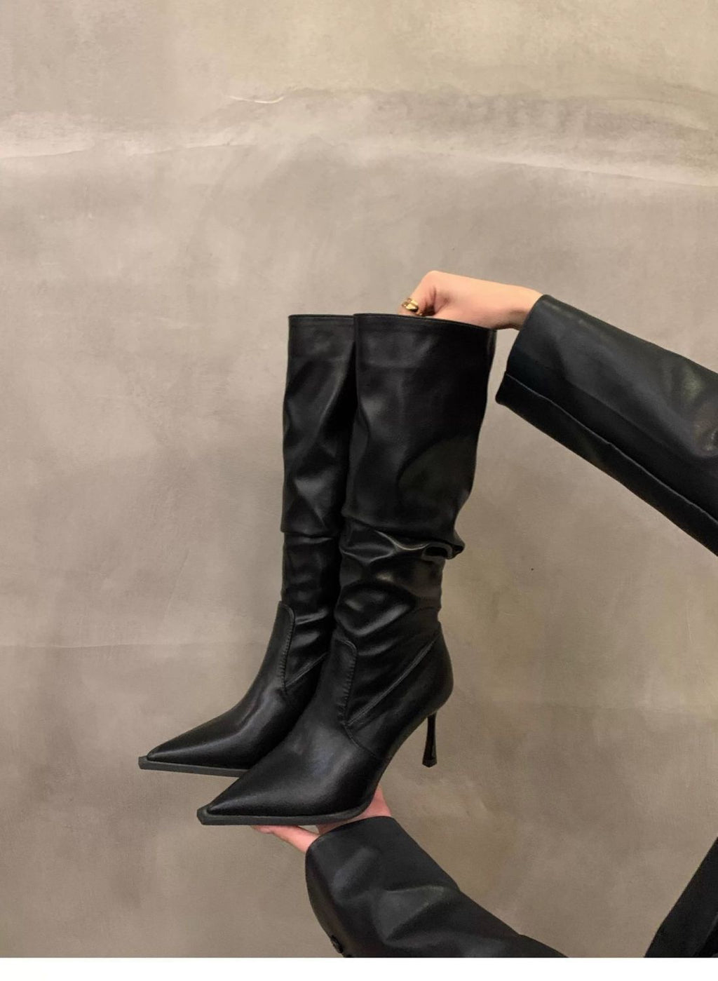 Women's Faux Leather Pointed Toe Knee High Boots, Slouchy Stiletto Heel Tall Boots, Pull On Chunky Thin Heel Dress Boots, Black Off White Khaki Fall Winter Footwear