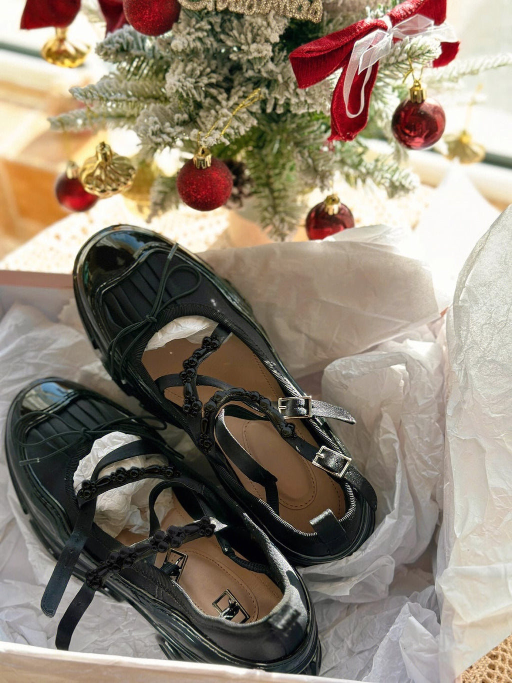 Black Chunky Platform Mary Jane Shoes, Beaded Crisscross Straps Bow Ballet Flats with Thick Sole, Gothic Coquette Footwear for Women
