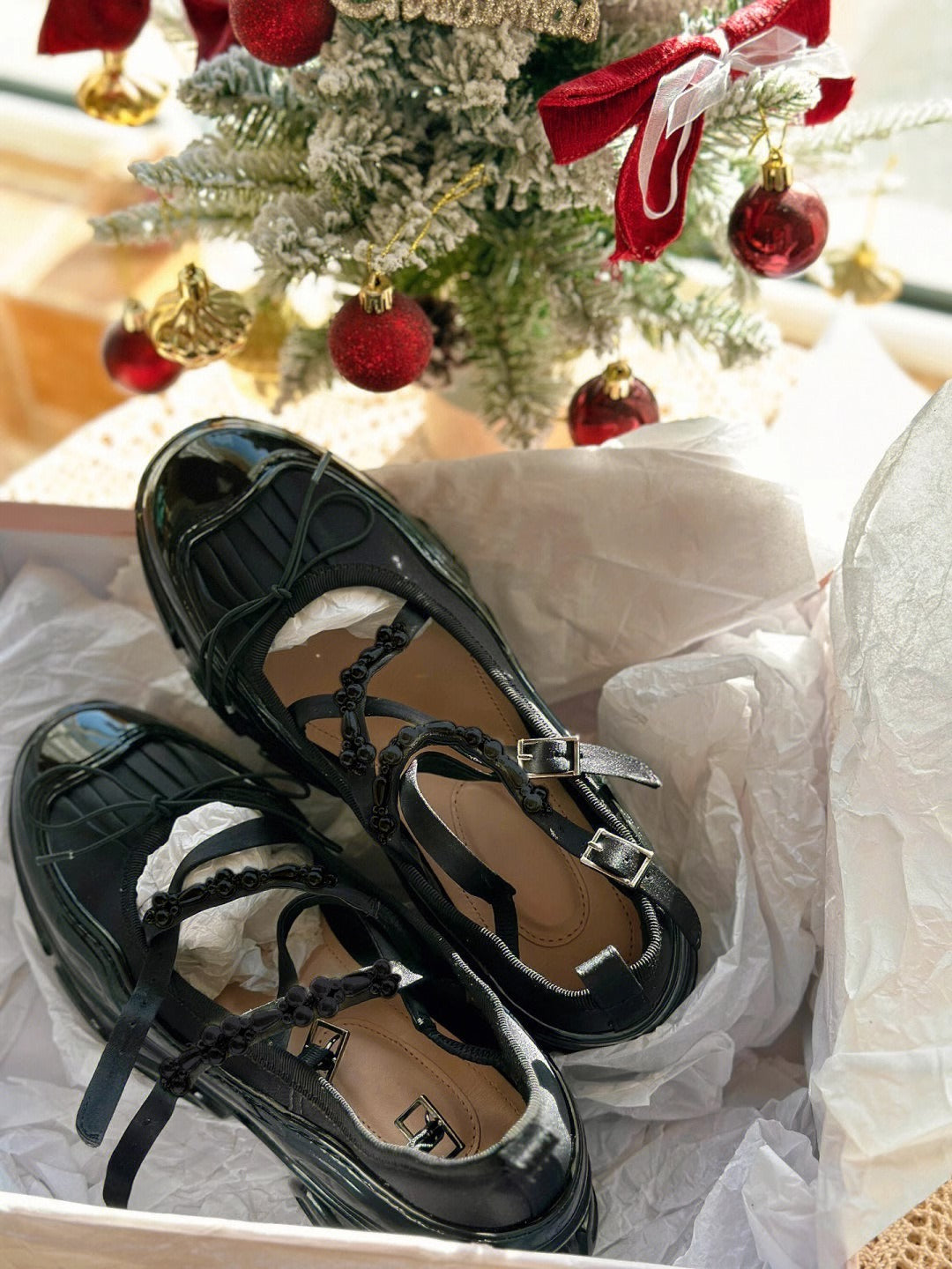 Black Chunky Platform Mary Jane Shoes, Beaded Crisscross Straps Bow Ballet Flats with Thick Sole, Gothic Coquette Footwear for Women