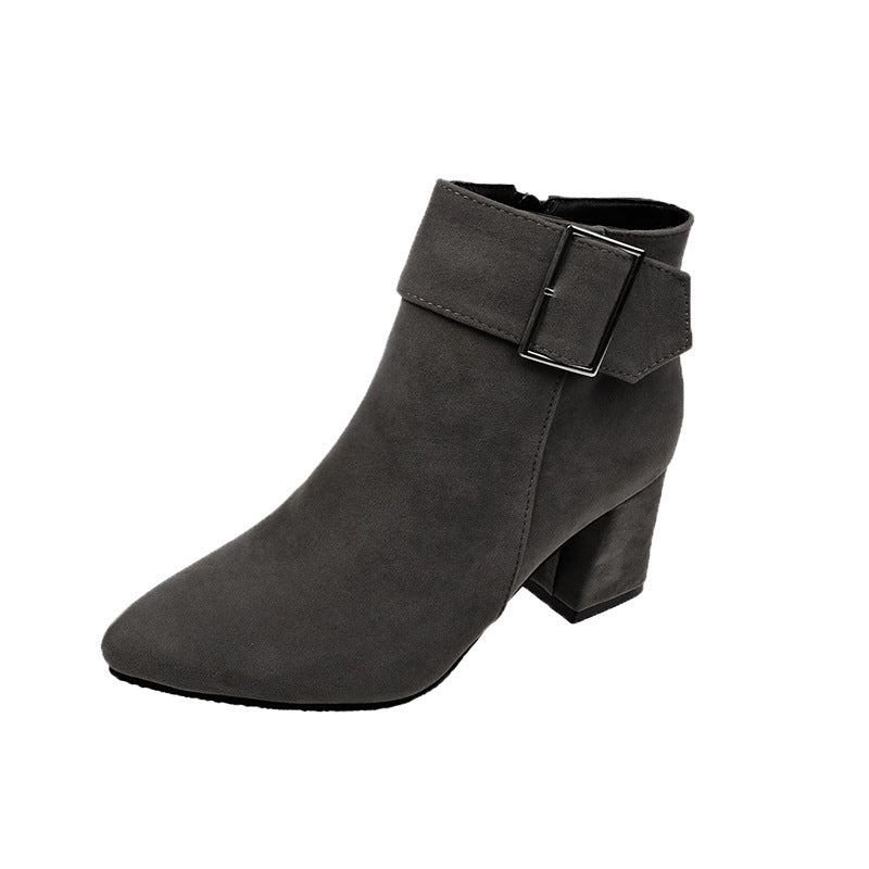 Women's Faux Suede Ankle Boots, Pointed Toe Block Heel Booties with Square Buckle, Side Zipper Chunky Heel Winter Dress Boots, Black Brown Gray Office Casual Footwear