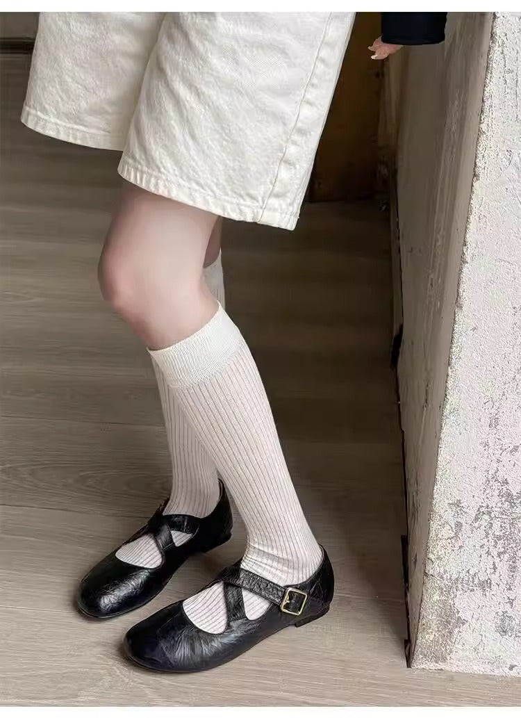 Crinkled Faux Leather Cross‑Strap Mary Jane Flats, Round Toe Buckle Ballet Flat Shoes, Vintage Casual Flat Shoes for Women